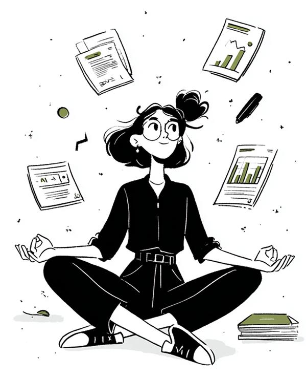 A person meditating surrounded by floating documents and data