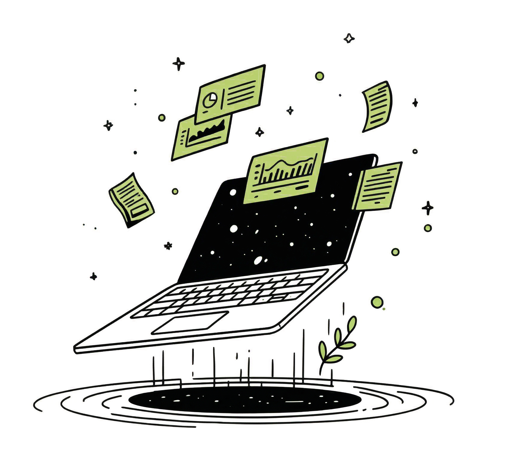 Floating laptop surrounded by data visualizations, representing data becoming understanding and action