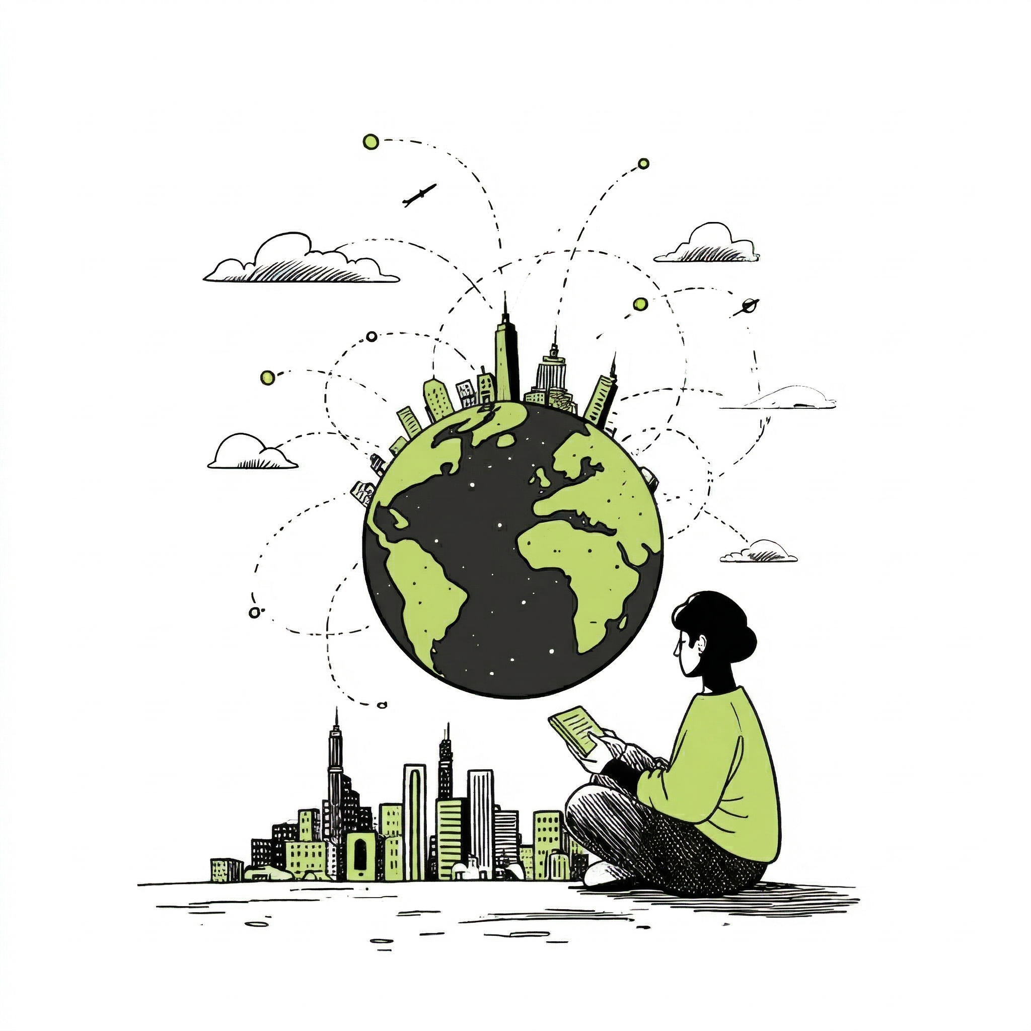 Illustration of a person sitting with a laptop beside a connected globe, representing learning infrastructure that spans communities