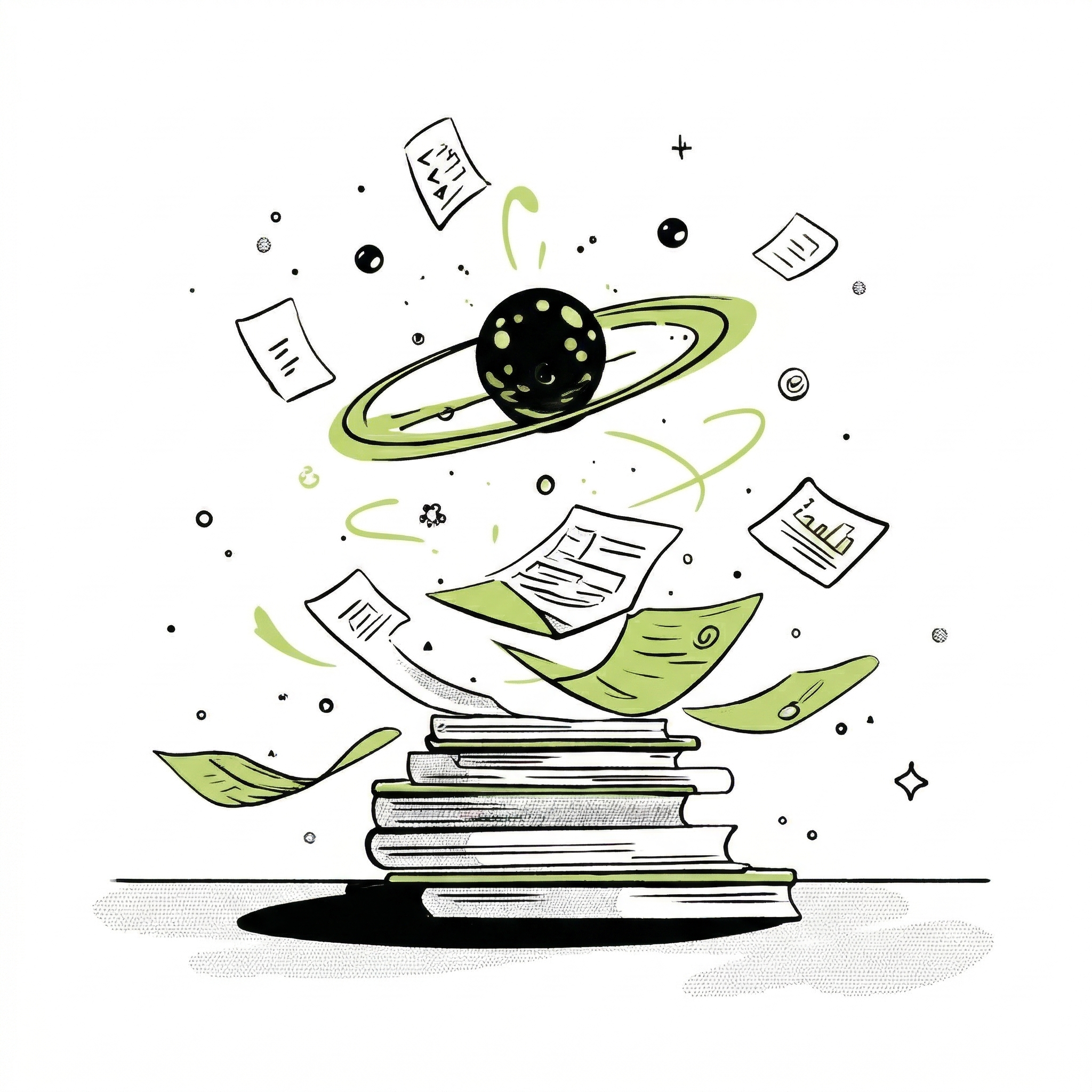 A planet floating over papers, representing one-click deliverables from your data